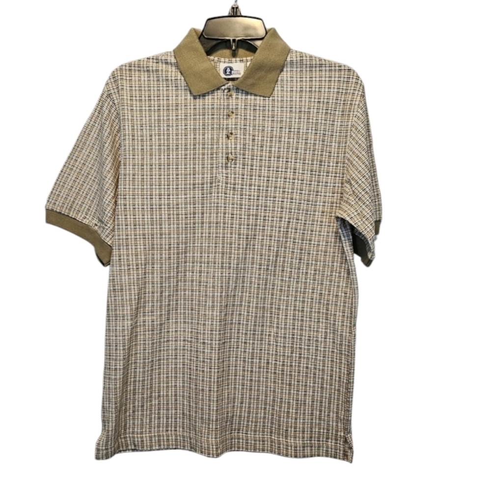 Arizona Jean Company Tan Cream Black 100% Cotton Plaid Polo Shirt Sz Lg